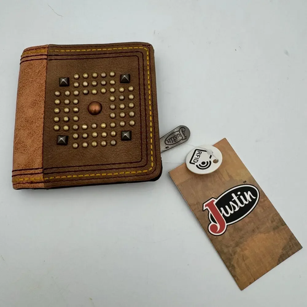 Justin RFID Western Bi-Fold Wallet Brown Studded Leather NWT